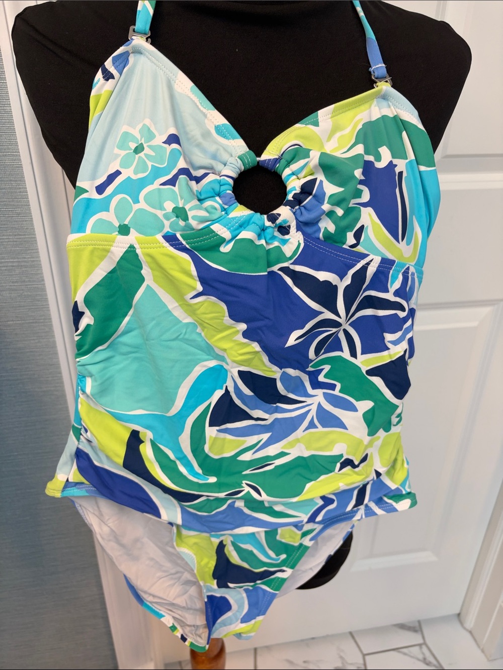 Nautica Blue Teal Green Floral Halter One-Piece Swimsuit